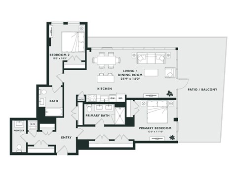 Floor plan for 2 beds, 2 baths, 1332 sqft